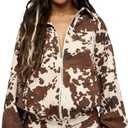 Womens Cow Print Suede Jacket Set Casual Animal Print Cropped Coat Long Sleeve Button Up Western Motorcycle Outwear (Brown, XL)