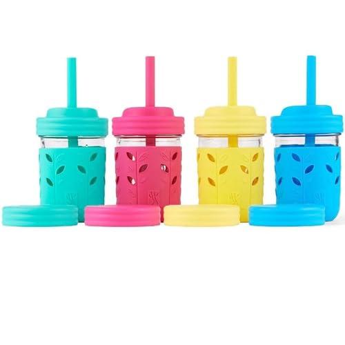 Elk and Friends Kids + Toddler Glass Cups | The Original 8oz Glass Mason Jar with Sleeves + Lids | Silicone Straws + Stopper | Smoothie Cup | Food Storage | Spill Resistant | Dishwasher Safe | 4 Pack