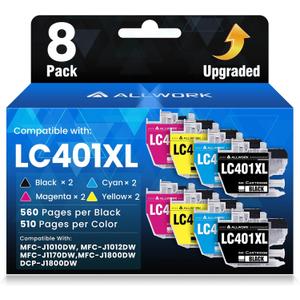 LC401XL LC401 MFC-J1010DW Ink Cartridges for Brother Printer LC 401XL 401 XL Ink Cartridge Compatible for MFC J1010DW MFC-J1170DW MFC-J1800DW MFC-J1012DW Series Printer (8-Pack) Upgraded High Yield