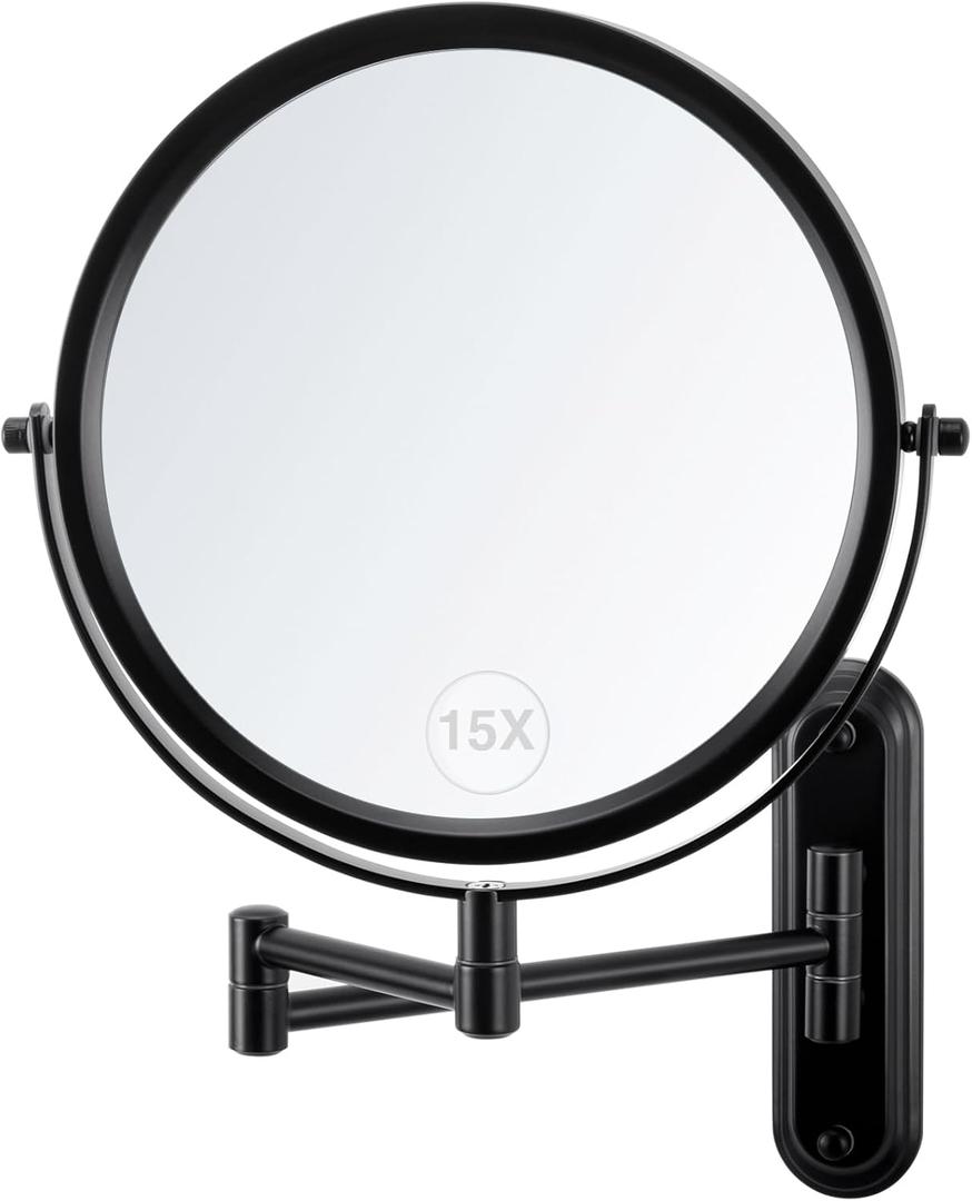 Wall Mounted Makeup Mirror - 1X/15X Magnifying Makeup Mirror with Extended Arm 360Swivel Vanity Mirror, 8.5in Double Sided Mirror for Bathroom, No Lights (Black) Wall Mounted Makeup Mirror - 1X/15X Magnifying Makeup Mirror with Extended Arm 360Swivel Vanity Mirror, 8.5in Double Sided Mirror for Bathroom, No Lights (Black)