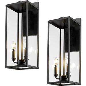 Bestshared Large Outdoor Wall Sconce, 24'' Modern Black Outdoor Wall Lantern, 3-Light Clear Glass Porch Light, Weather Resistant Outside Light for House Entryway Garage Patio, E12 Base(2Pack)