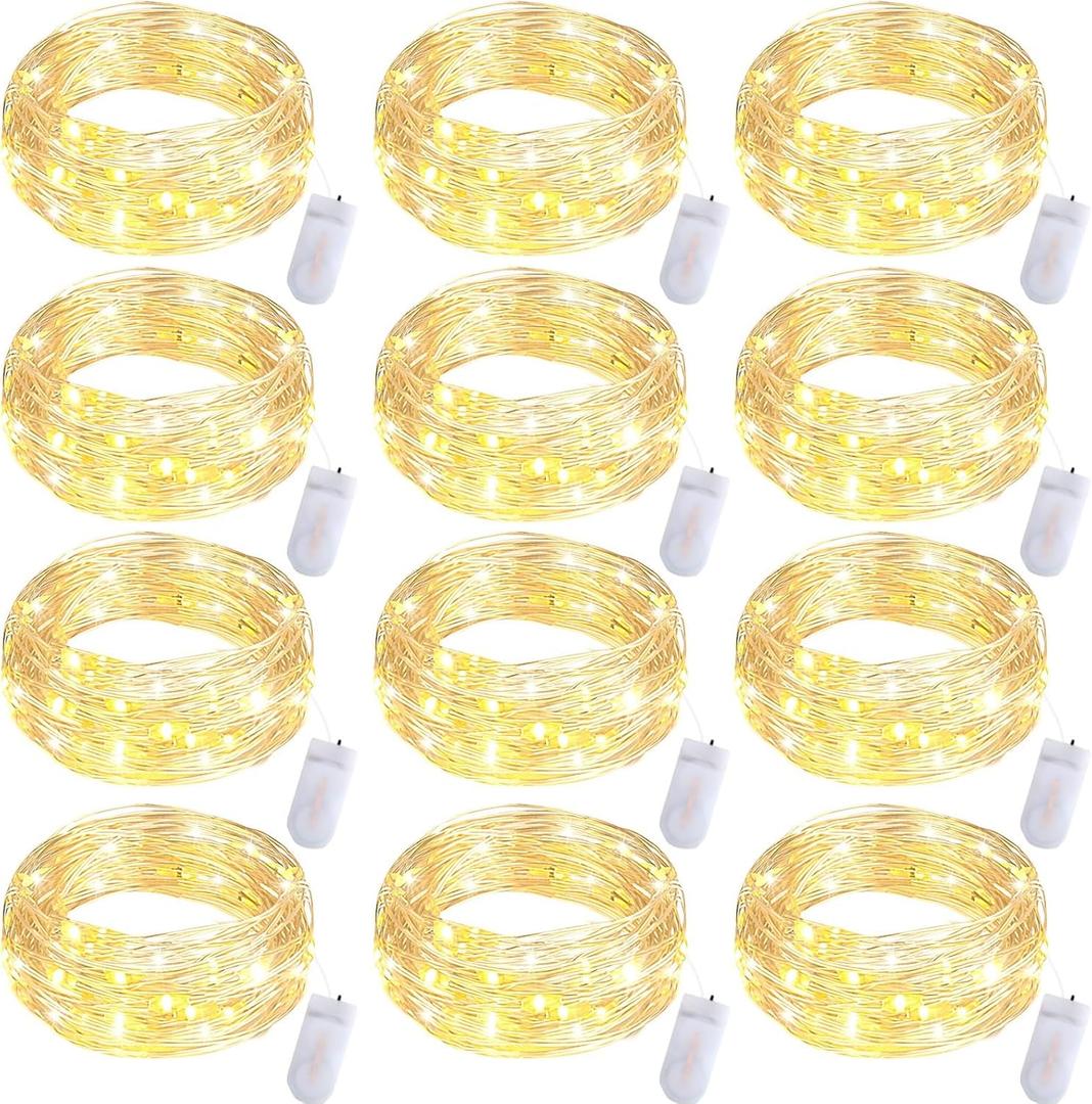 Fibevon Fairy Lights Battery Operated, 12-Pack 7.2ft w/20 LED Mini Lights Waterproof String Lights for Mason Jar/Centerpiece Table/Bedroom/Wedding/Valentines/Christmas/Outdoors/Indoor Decoration