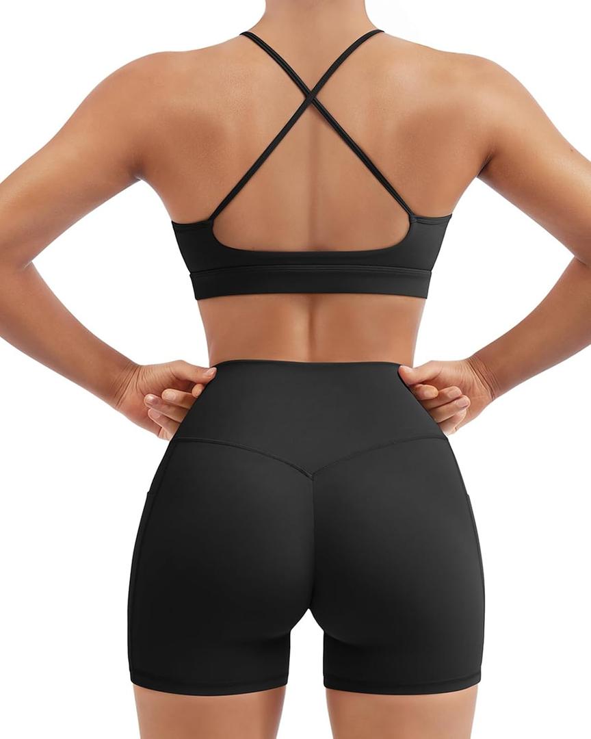SUUKSESS Womens Workout Set Crew Neck Strappy Sports Bra Tank High Waist Tummy Control Bike Short Outfit (Black, S)