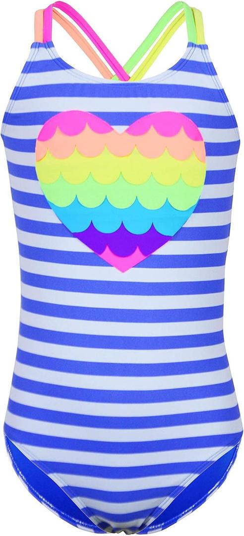 2 x Jimmy Bahamas Girls 1 Piece Sport Swimsuits with Cross Back Strap Colorful Fish Scales Print and Two Cute Bow Decorations (M)