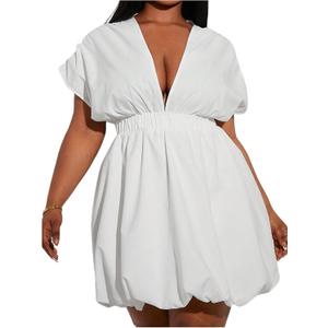 Women's Plus Size Deep V Neck Mini Bubble Dress Short Sleeve Puffy Party Club Dresses (3X-Large Plus, White)
