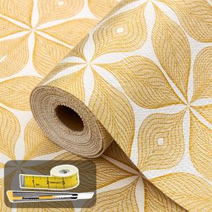 Shelf Liners for Kitchen Cabinets 12in x 20FT, Non Adhesive Cabinet Liner Strong Non-Slip Golden Leaf Drawer Liner, Easy to Clean for Shelf, Cabinet with Knife and Tape Measure