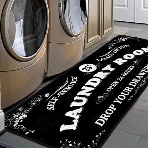 Farmhouse Laundry Room Rug Runner Non Skid Machine Washable Area Rugs Laundry Decor for Kitchen, Bath, Washroom (Black-2 48x20in)