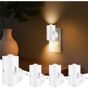 4 Pack LED Night Light, Dimmable Plugin Wall Nite Light with Dusk to Dawn Auto On/Off, 180° Rotating Head, 2700K Warm White, 0200 LM for Nursery, Hallway, Bathroom