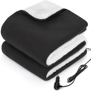 Sealy 12-Volt Heated Car Blanket with 2 USB Output Ports, 3 Heating Levels & 4 Hours Auto Off, Electric Blanket for Car, Truck, SUV, RV or Camping, Machine Washable, 59" X 43", Charcoal