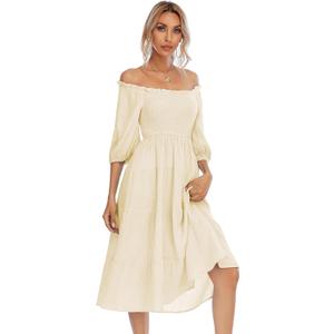 R.Vivimos Women's Summer Cotton Lantern Sleeves Ruffled Off Shoulder A-Line Midi Dresses (Beige) L