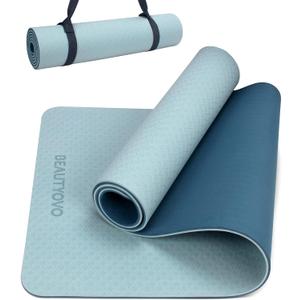 BEAUTYOVO Yoga Mat with Strap, 1/3 Inch Extra Thick Yoga Mat Double-sided Non Slip, Professional TPE Yoga Mats for Women Men, Workout Mat for Yoga, Pilates and Floor Exercises (Haze Blue & Deep Blue)