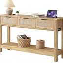 Luoxiao Natural Entryway Table with Power Outlets & USB-C, Boho Rattan Console Sofa Table with 3 Drawers, Narrow Sofa Table Behind Couch, Foyer Hallway Storage Table with Shelf, Anti-Tip, 47 Inch