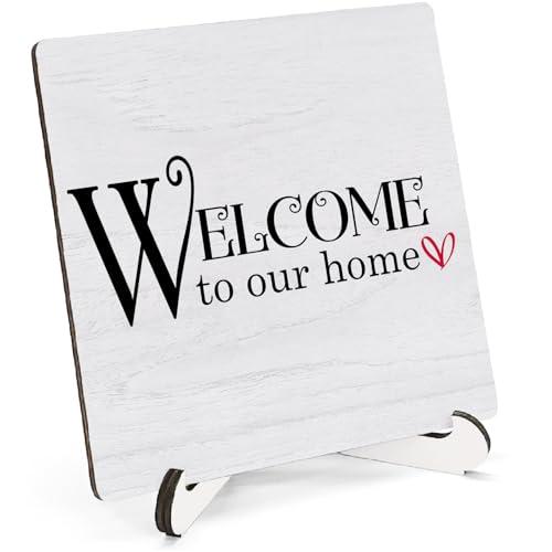 HSIASHENG Welcome to Our Home Wooden Sign Decor 5"X5", Housewarming Welcome Home Wooden Desk Table Decor Stand Sign, Family Decorative Gifts for Woman Man Couple