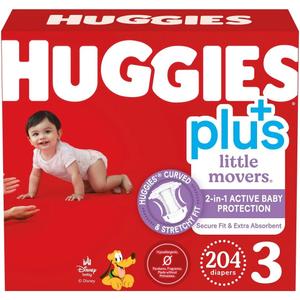 Huggies Plus Little Movers Diapers, Size 3, 204 Count, Disney Collection, 2-in-1 Active Baby Protection, Secure Fit, Extra Absorbent, 16-28 Pounds