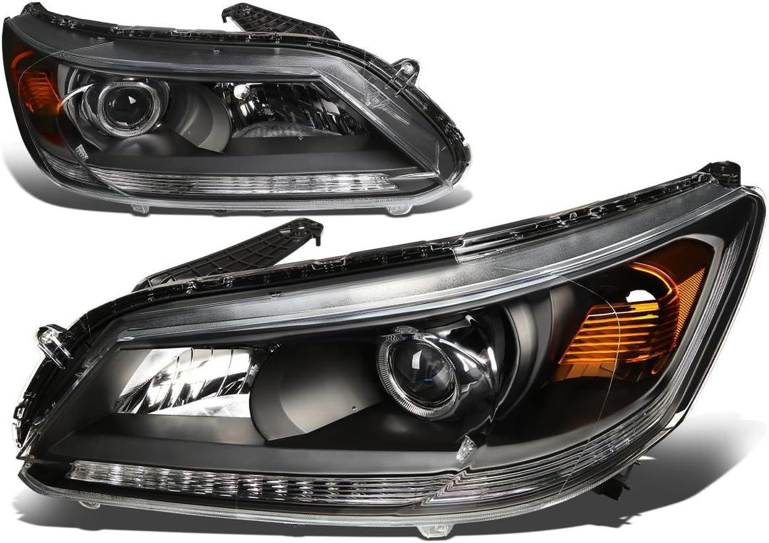 Auto Dynasty Headlights Assembly Compatible with 2013 2014 2015 Honda Accord 4-Door Sedan 9th Gen, Driver Passenger Side Halogen Headlamps Replacement w/Projector Low Beam, Black Housing Amber Corner