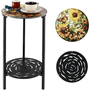 2-Tier Metal Round Side Table Black Accent Coffee Tables Small Space Corner Plant Stand Shelf for Indoor Outdoor Use Patio Balcony End Table Flower Print Weather-Resistant