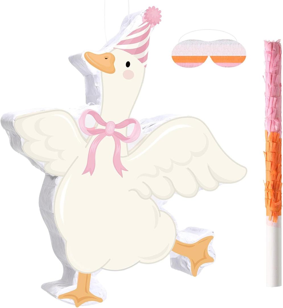 Pasimy One Silly Goose Piata with Blindfold and Stick Funny Piata Bundle for Girls Pink Silly Goose Theme Birthday Baby Shower Halloween Party Decorations Game Supplies, 12.20 x 14.80 Inch
