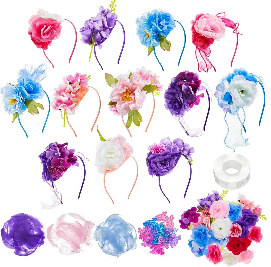 353 Pcs Headband Making Kit for Women Include 12 Headbands 24 Fake Flowers 300 Feathers 4 Mesh Ribbons 1 Roll Double Faced Adhesive Tape 12 Butterfly Accessories for DIY Hair Tea Party Decor