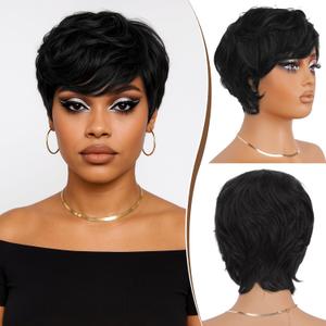 RUWISS Pixie Cut Wig Human Hair  Short Wigs for Black Women with Bangs, Natural Layered Wavy Wig, Glueless, 1B#