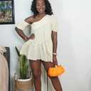 UOOZEE Women's Summer One Shoulder Mini Dress Puff Short Sleeve A Line Flowy Cocktail Party Club Short Dresses (Beige, XL)