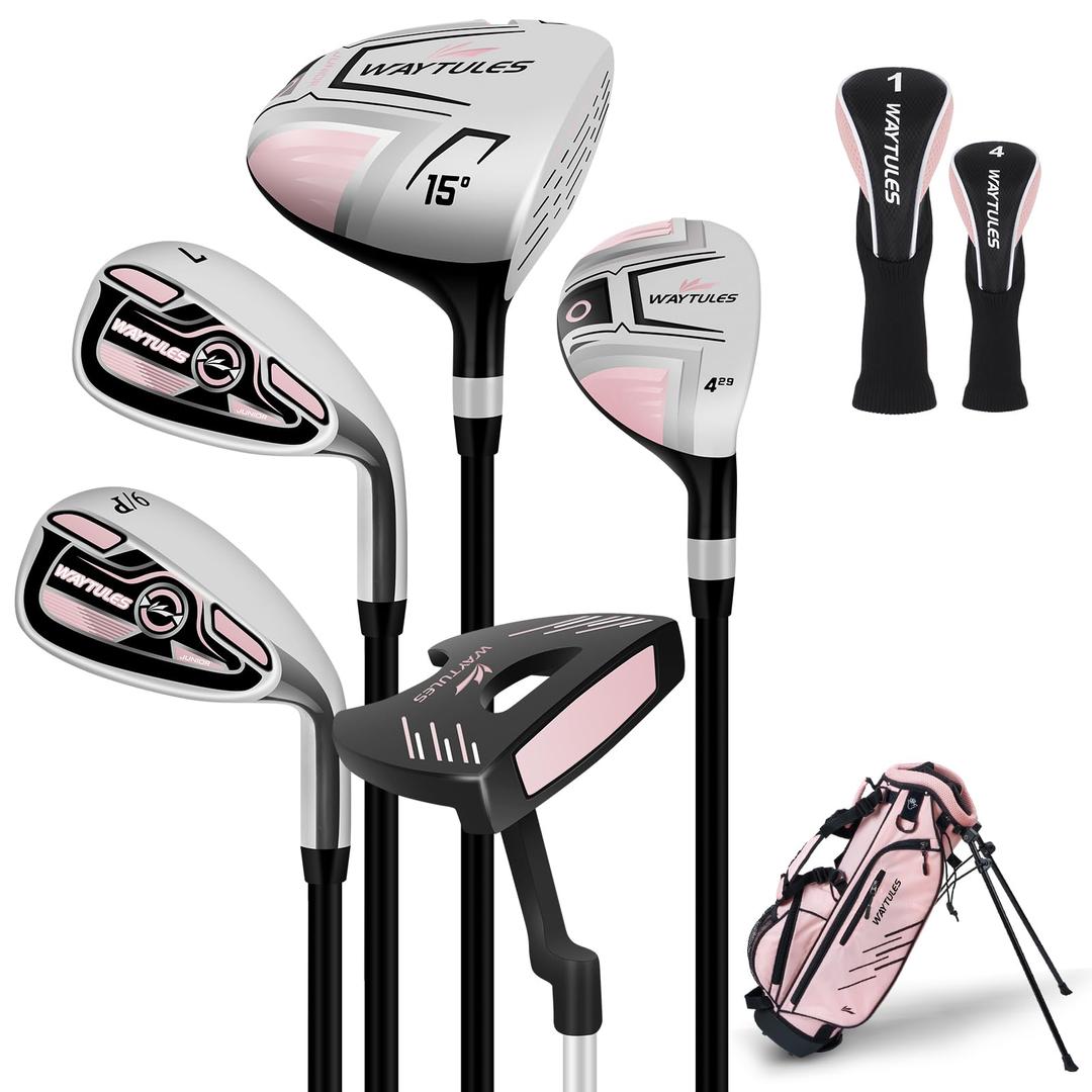 Kids Golf Clubs Set 7 Pieces for Boys & Girls Ages 9-12, Junior Golf Set with Stand Bag, Driver, Hybrid, Irons & Putter, Youth Golf Club Set Right Handed(Pink)