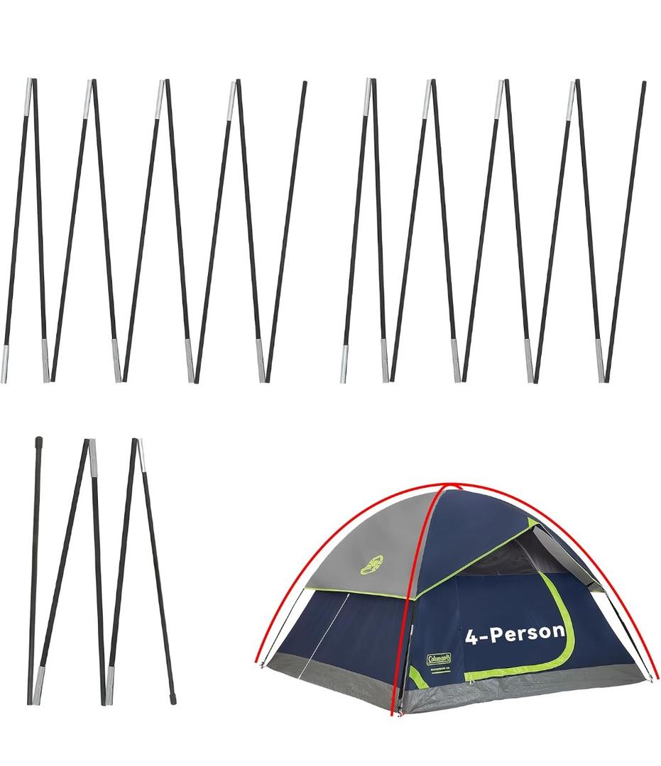 Upgraded 3 PCS Replacement Tent Poles for Coleman 4 Person Sundome Camping Tent, Camping Tent Accessories for Coleman Camping Tent, Pre-Assembled Fiberglass Replacement Pole Set