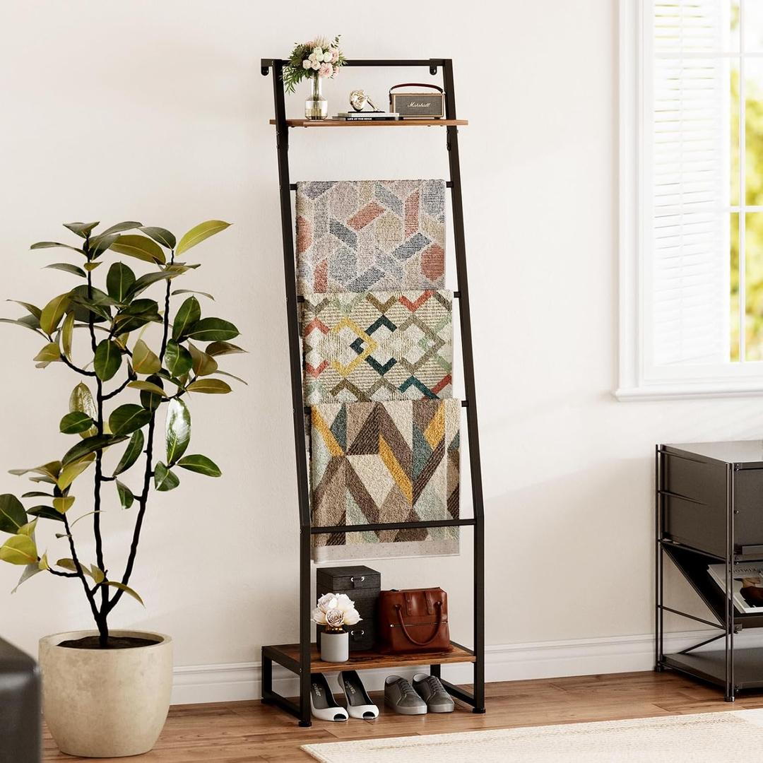 Blanket Ladder, with Top and Bottom Shelf, 6-Tier Wall-Leaning Blanket Farmhouse Shelf Rack for Storage and Home Decor, Freestanding Rack for Bathroom, Rustic Brown and Black