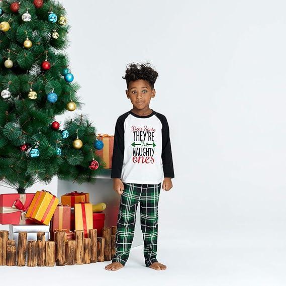 IFFEI Matching Family Pajamas Sets Christmas PJ's Letter Print Top and Plaid Bottom Sleepwear Jammies with Pockets (8-9 Years)