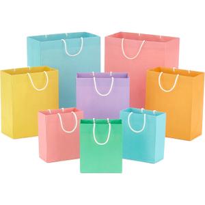 Hallmark Recyclable Gift Bag Assortment (8 Bags: 3 Small 6", 3 Medium 9", 2 Large 13") Pastel Blue, Pink, Yellow, Purple, Orange, Green for Birthdays, Easter, Baby Gifts, Bridal Showers