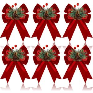 Syhood 6 Pcs Christmas Velvet Bow with Pine Cones Pine Needles Berries Xmas Wine Red Ribbon Bow Ornaments 6.3 x 5.1 Inch for Christmas Tree Wreath Garden Fireplace Crafts DIY Decor