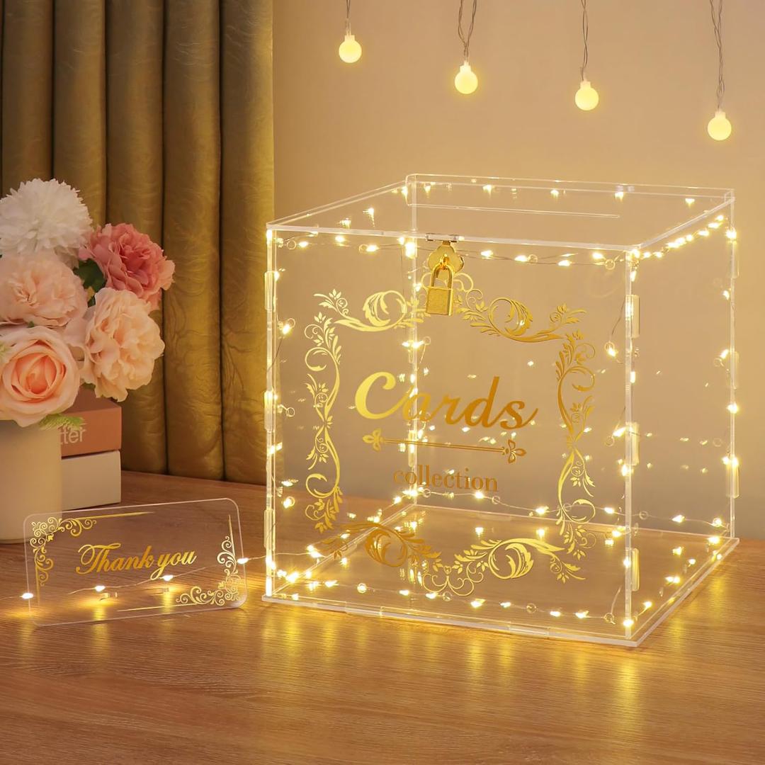DIWNELEM Acrylic Wedding Card Box with Lock String Light Clear Large Card Box for Wedding Letter Box Envelope Box Acrylic Gift Card Box Money Box for Party Birthday Reception (9.6*9.2*9.6 inches, Model 2)