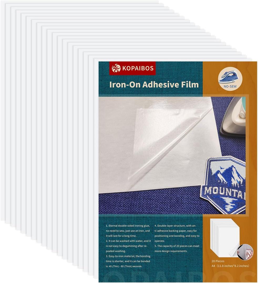 KEPAIBOS Double Sided Iron On Adhesive Sheets with Backing Easy-Iron Permanent Fusible Patch Fabric Glue A4 Size 20 PCS (Standard L)