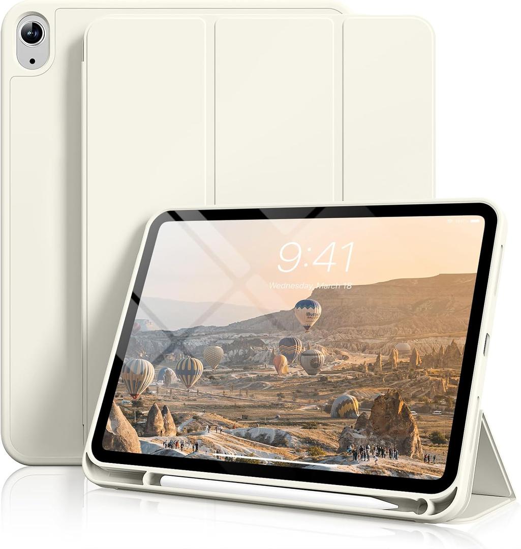 Aoub Case for iPad (A16) 11th Generation 11 Inch 2025, iPad 10th Generation 10.9 inch 2022 with Pencil Holder, Slim Lightweight Trifold Stand Smart Soft TPU Back Cover, Support Touch ID, Cream White