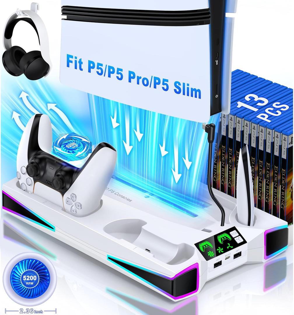 Kawaye PS5 Stand PS5 Cooling Station for PlayStation 5/Pro/Slim Console, PS5 Accessories Vertical Stand with 2.36in Cooling Fan, RGB Light, Dual Controller Charger, Headset Holder, 3 Charger Port (White)