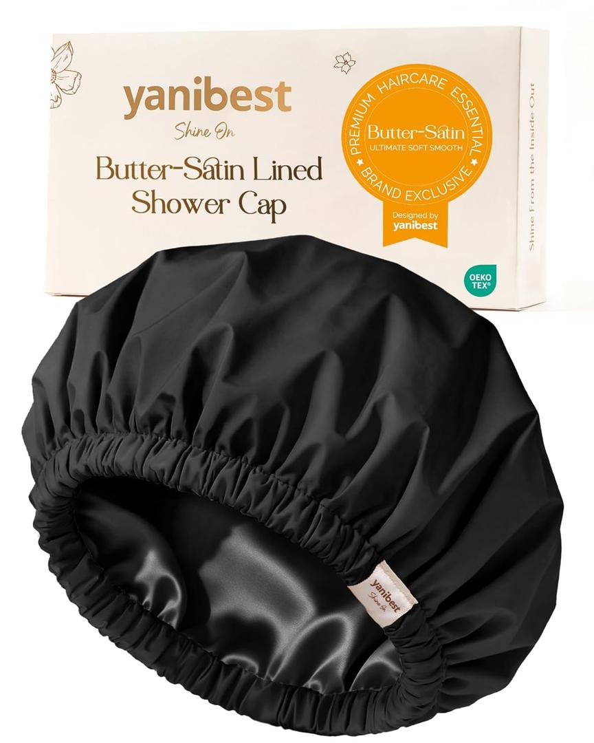 Yanibest Shower Cap for Women Reusable Waterproof,Satin Lined Bath Cap with Soft Elastic Band,Large Washable Hair Caps for Shower (Black)