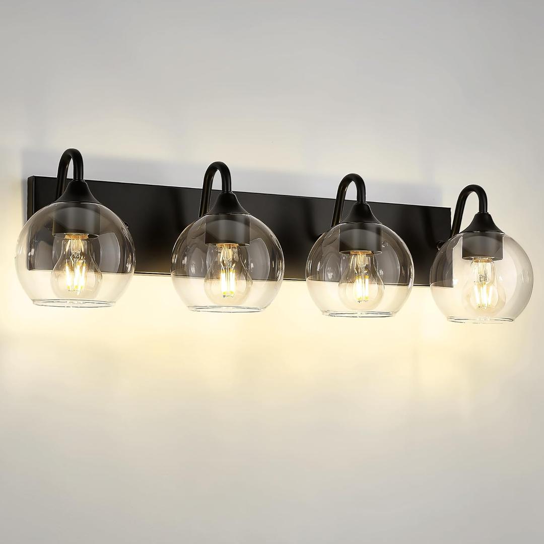 Emak Modern 29 Inch Black Vanity Lights, 4-Light Bathroom Vanity Light with Clear Glass Shade, Farmhouse Globe Bathroom Light Fixtures Over Mirror, VL118-BK-CG-4