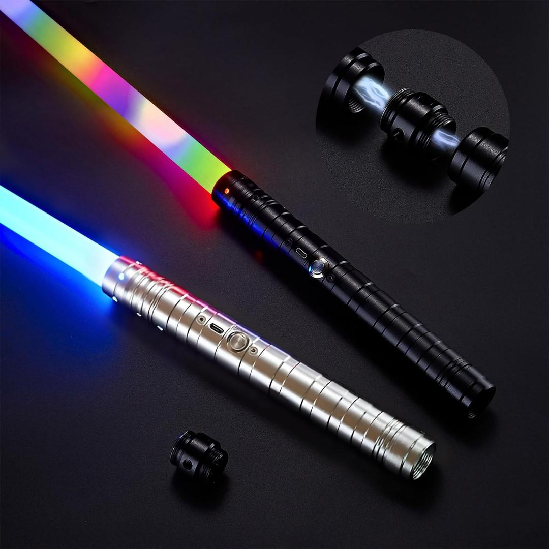 SANCO Metal Hilt Dueling Light Up Sabers - 2 Pack RGB 15 Colors Type-C Rechargeable Power Swords with 31 Light Effects & Motion-Sensing FX, Glowing Toys for Halloween Cosplay, Gifts for Kids & Adults
