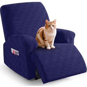 TAOCOCO Recliner Cover 3 Pieces Recliner Chair Covers, Stretch Jacquard Reclining Chair Cover, Furniture Protector Sofa Slipcovers Couch Covers with Elastic Bottom for Kids, Pets (Dark Blue) (1 Seater)