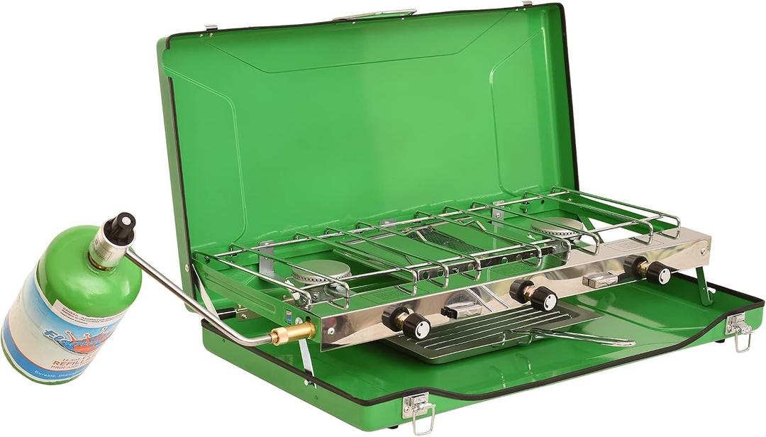Flame King YSNBBQ-136M 3-Burner Portable Camping Stove Grill w/Toast Tray, Great for Outdoor Cooking, Backpacking, Hiking, & Emergency, Compatible with 1LB Propane Gas Bottle