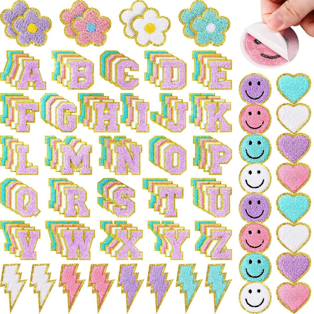 Hanaive 136 Pcs Chenille Iron on Patches for Clothing Letter Self Adhesive Chenille Patches Cute Rainbow Smile Face Love Heart for Jeans Embroidered Applique(Cute Style,Pastel Color)