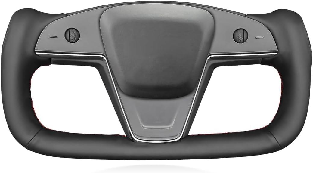 MEWANT Steering Wheel Covers for Yoke Style Steering Wheel for Tesla Model S 2021-2023 / Model X 2021-2023 Made of Artificial Leather&Carbon Fiber (Black microfiber leather + red thread)