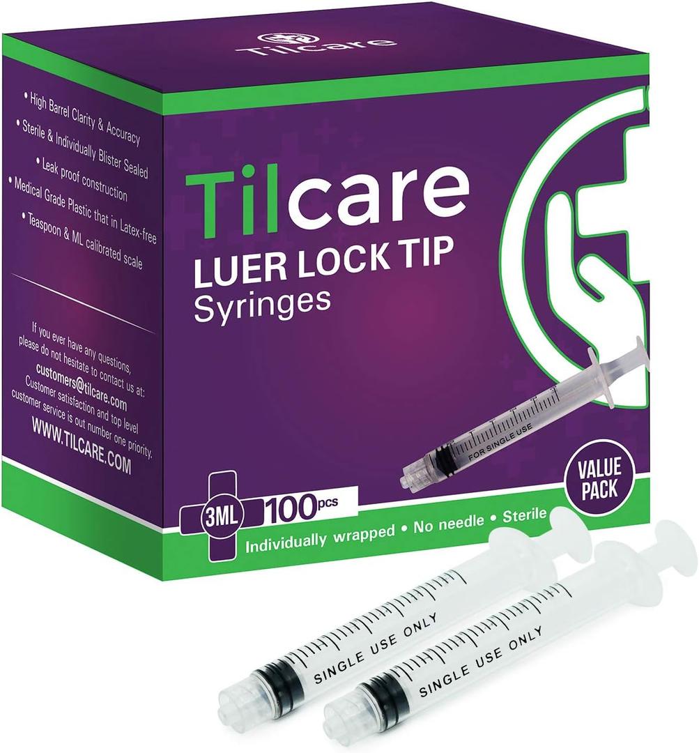 3ml Syringe Without Needle Luer Lock 100 Pack by Tilcare - Sterile Plastic Medicine Droppers for Children, Pets or Adults  Latex-Free Oral Medication Dispenser - Syringes for Glue and Epoxy