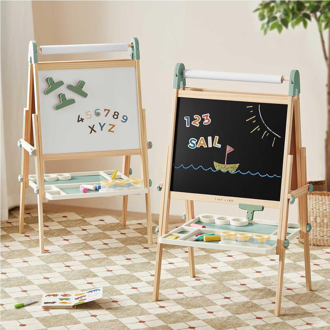 Tiny Land Easel for Kids, Double-Sided Magnetic Easel with Drawing Accessories, Adjustable Wooden Kids Art Easel with Paper Roll, Learning-Toy for 3,4,5,6,7,8 Years Old Boy & Girls Green