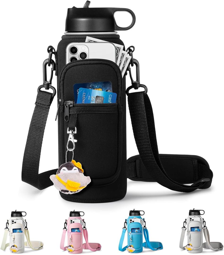 Water Bottle Holder with Strap for Hydroflask 32oz 40oz Insulated Water Bottle, Carrier Sling Bag with Phone Pocket Water Bottle Sleeve for Men Women Hiking Camping Travelling (black)