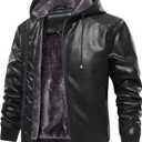 MANSDOUR Men's Faux Leather Jacket Warm Black Fleece Lined Motorcycle Bomber Jacket with Hood, Large 