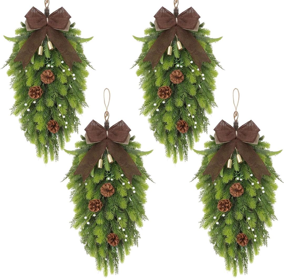 Yunlly 4 Pcs 26 Inch Artificial Teardrop Swag Large Winter Pine Branch Teardrop Outdoor Wreath for Winter Seasonal Front Door Indoor Outdoor Home Fireplace Stairs Hanging Decor