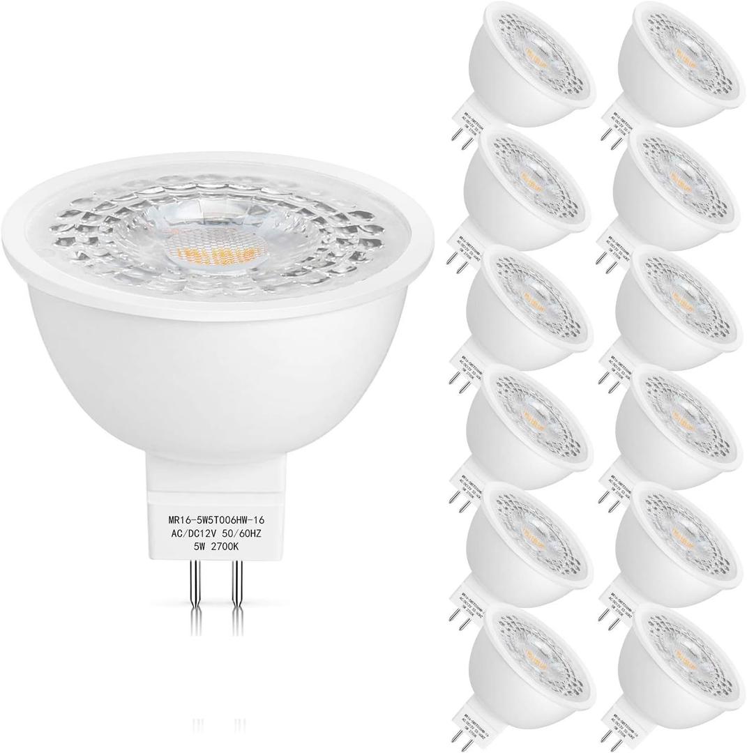 Mlambert 12 Pack MR16 LED Bulbs 50W Halogen Equivalent,2700K Warm White,5W GU5.3 MR16 12V Spotlight Bulb,Non-Dimmable,45 Beam Angle for Landscape