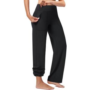 Casei Women's Wide Leg Yoga Pants with Zipper Pockets - High Waisted Travel Dress Pants, Casual Stretchy Adjustable Hem S