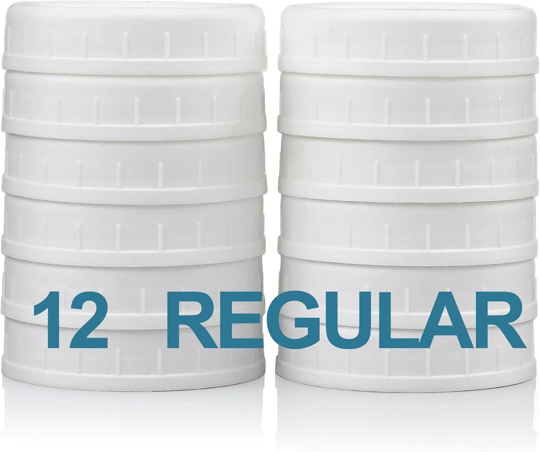 12 Pack REGULAR MOUTH Mason Jar Lids for Compatible with Ball, Kerr Regualr Mouth Jars - Plastic Storage Caps for Mason Jars, Canning Jars - Leakproof, Dishwasher Safe & Food Grade - White