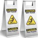 2 Pack Wet Floor Sign, 24 Inch Standard Stainless Steel Caution Wet Floor Sign, Double Sided Bilingual Caution Sign for Business, Hotel, Restaurant, Silver